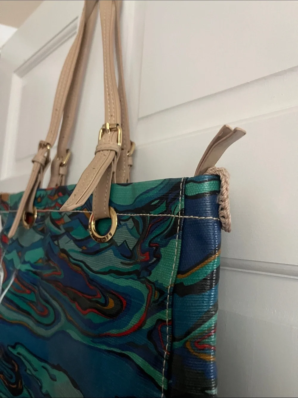Sakroots Multicolor Swirl Pattern Tote Bag with Beige Handles